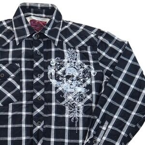 Modern Culture Black Plaid Graphic Long Sleeve Button Down Shirt Mens Large‎